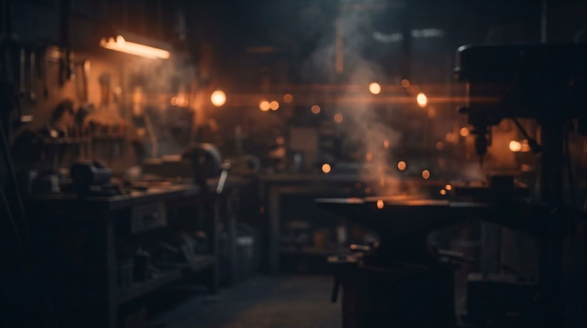 Dunkle Werkstatt mit warmem Kupferlicht